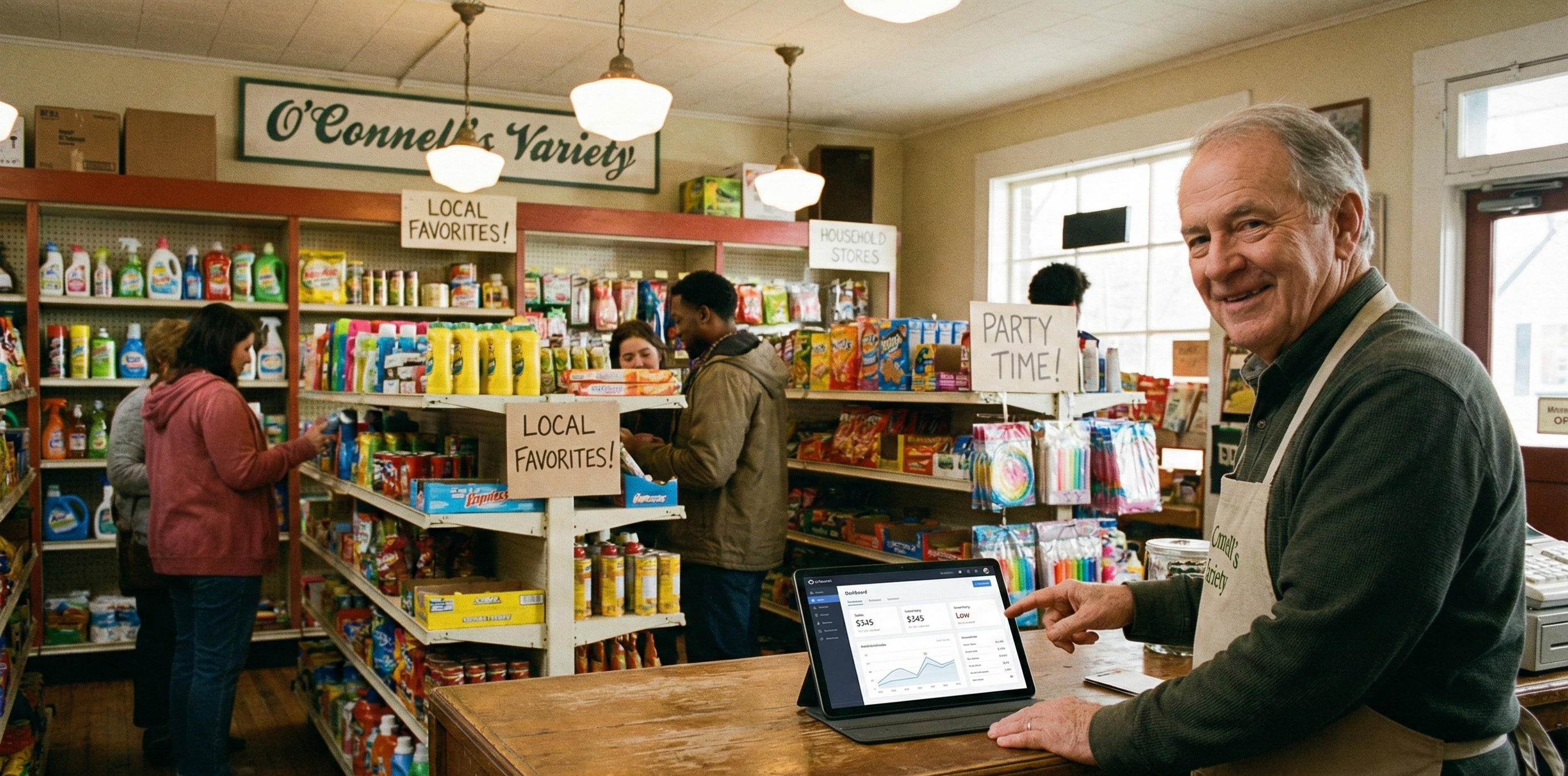 Owner of a small local shop using a tablet behind the counter while customers browse